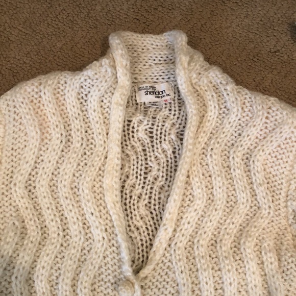 Shawl collar tuxedo hem open weave ivory  cardigan sweater M - Picture 4 of 16